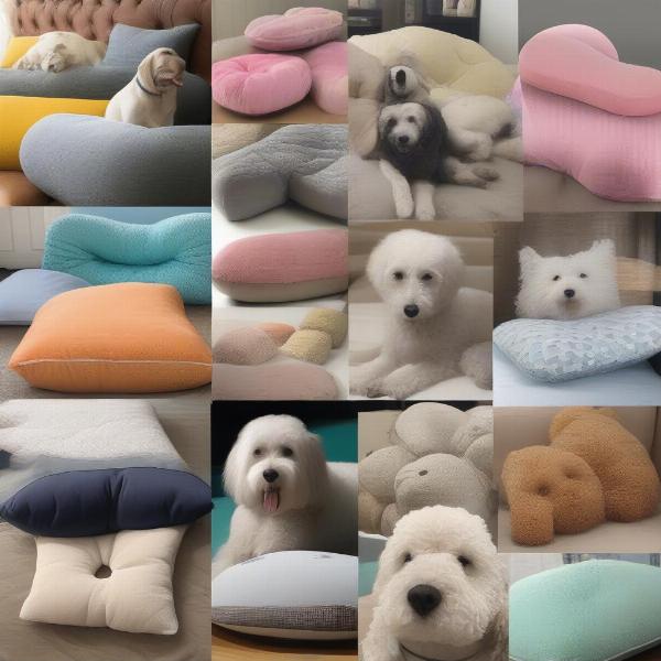 Various dog pillows in different shapes and sizes