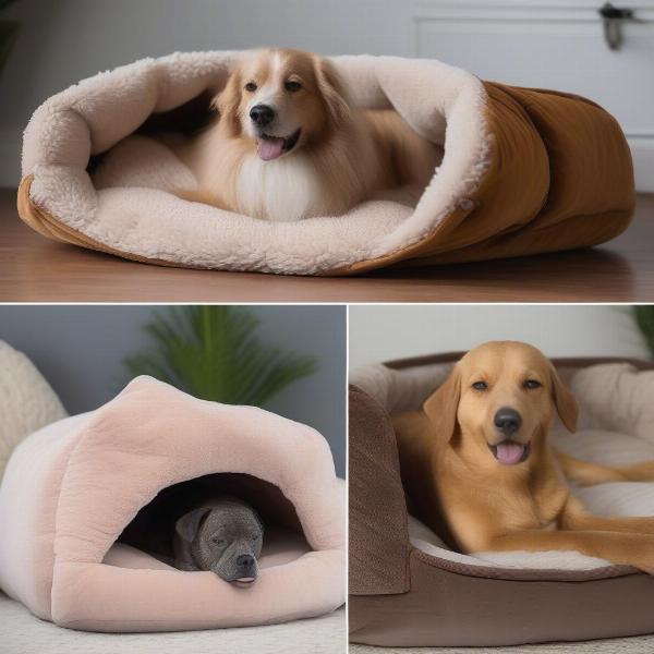 A variety of snuggle cave dog beds in different shapes, sizes, and materials.