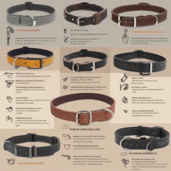 Different types of wide dog collars made of various materials