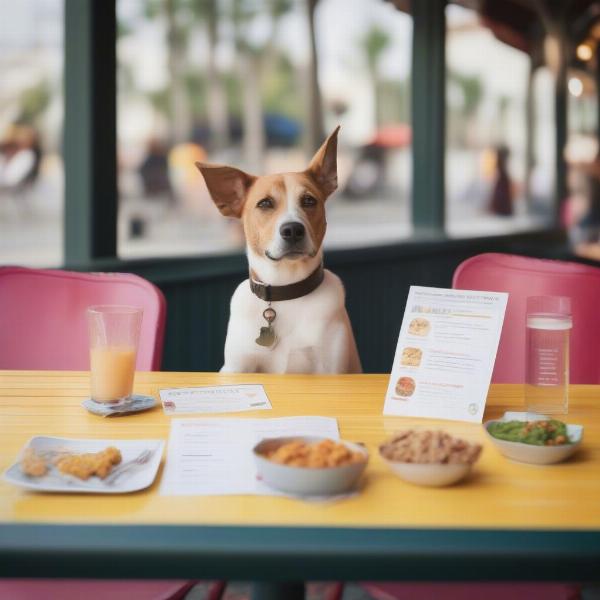 A dog looking intently at a dirty dogs menu at a cafe