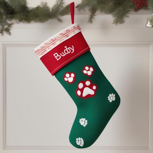 Handmade dog stocking with embroidered name