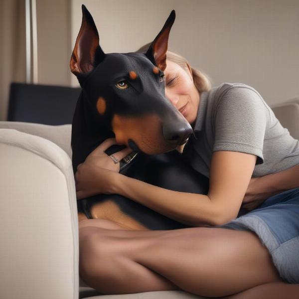 A female Doberman cuddling with her owner, showcasing her affectionate and loving nature.