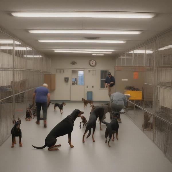 Volunteers interacting with Dobermans at a rescue organization