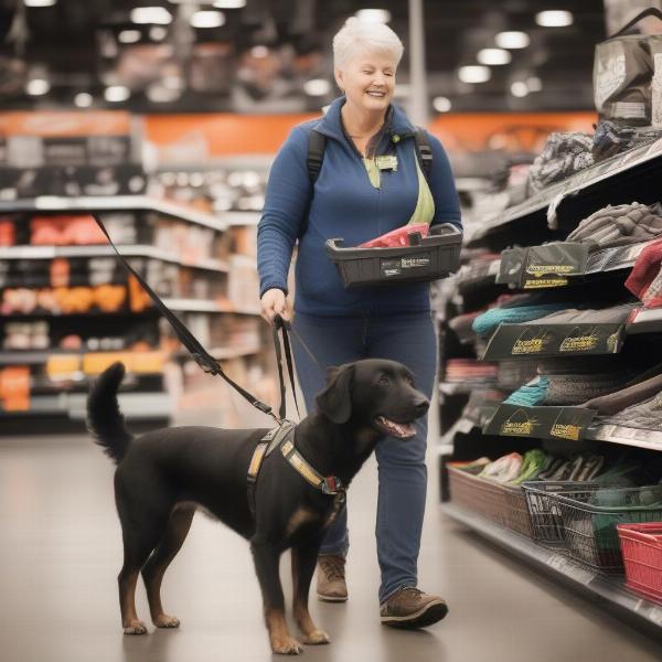 A happy dog on a leash shopping with their owner at Dick's Sporting Goods