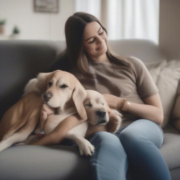 Dog Babysitter Cuddling with Dog in Calgary Home