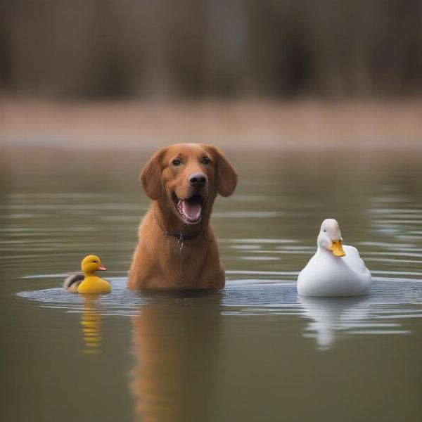 A dog barking and a duck quacking