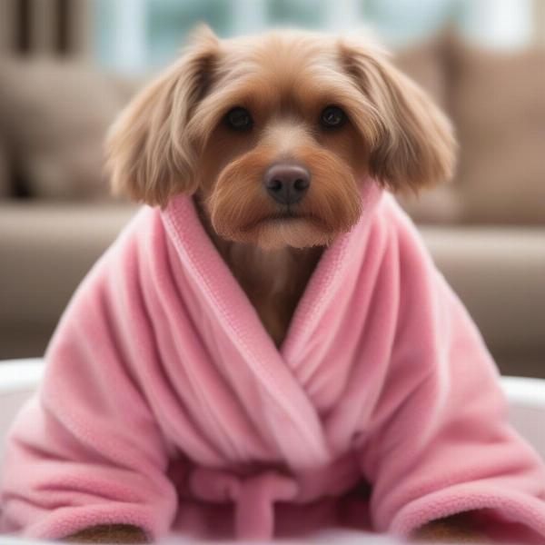 A dog wrapped in a bath robe after a bath, looking warm and comfortable