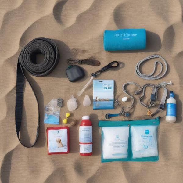 Essential items for a dog beach trip in Scarborough, including water bowl, lead, poop bags, and towel.