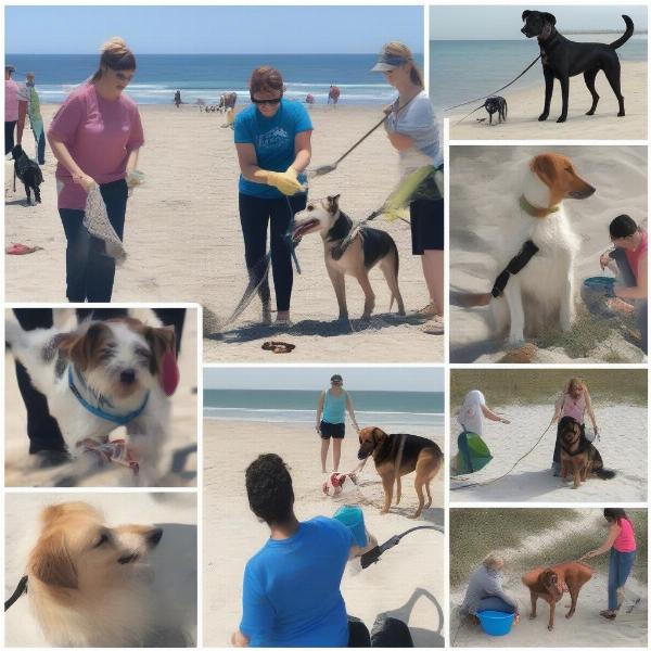 Dog owners practicing proper etiquette at the beach