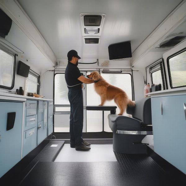 A dog being groomed inside a mobile grooming van