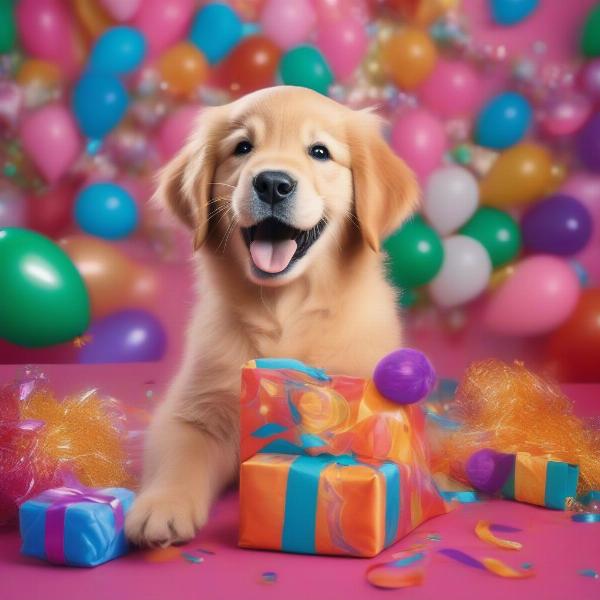 Dog birthday gift ideas: A playful pup unwrapping a brightly colored present.