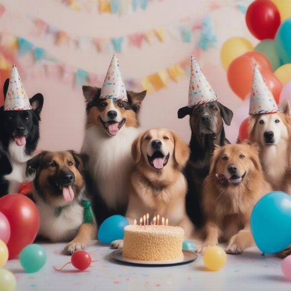 Dog Birthday Party with Cake and Friends