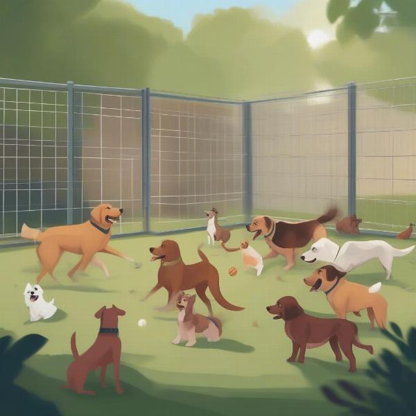 Dogs enjoying playtime together at a dog boarding facility in Encinitas.