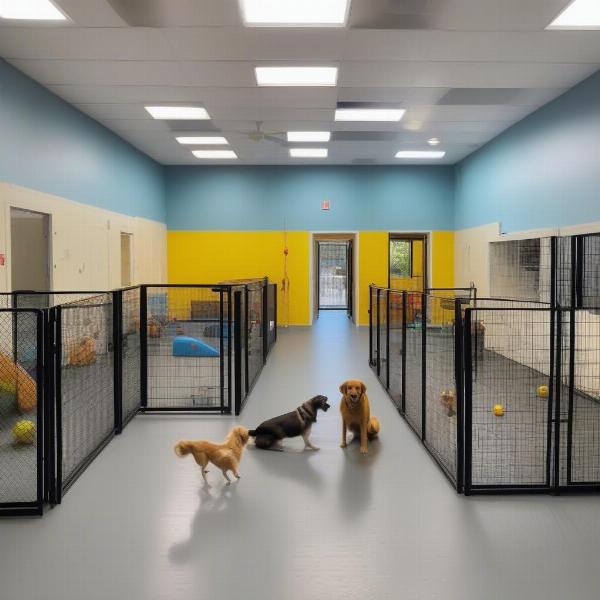 Dogs playing in a spacious and stimulating play area at a dog boarding facility.