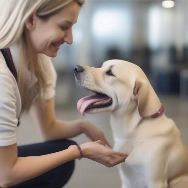 Friendly staff member interacting with a dog at a Peachtree City boarding facility