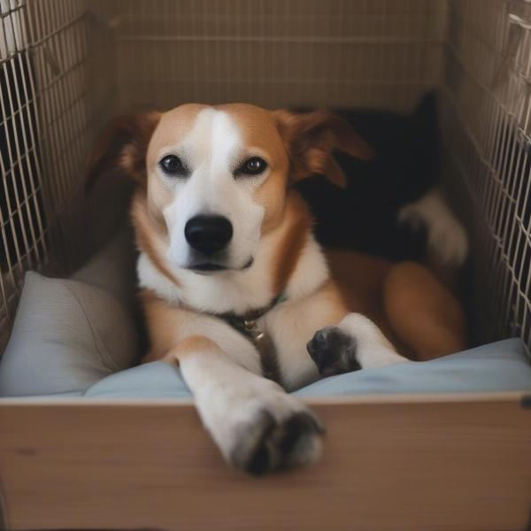 A happy dog relaxing in its kennel at a St. Charles, IL dog boarding facility.