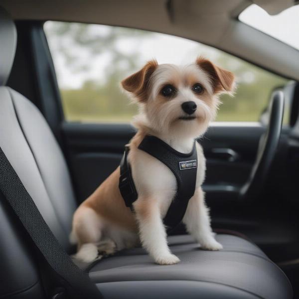 Dog enjoying the view from a booster seat in a car