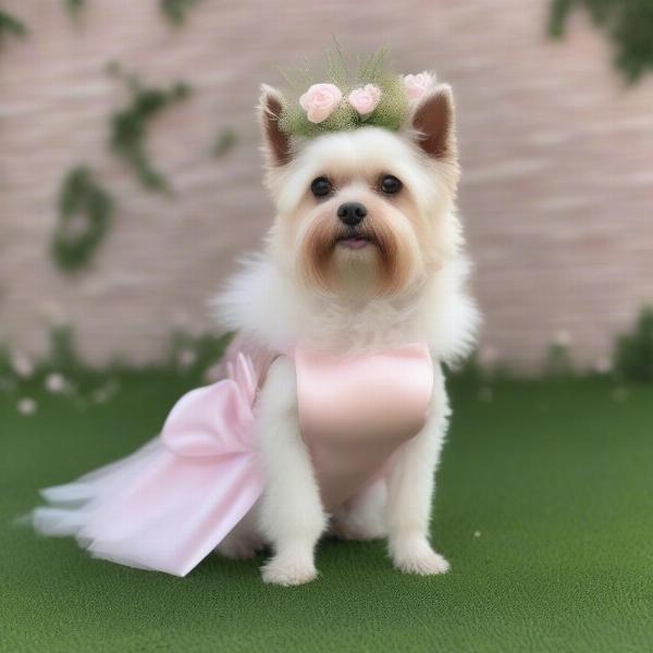 Dog wearing a bridesmaid dress and floral crown