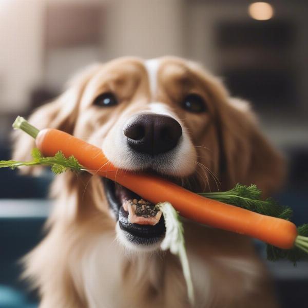 Dog chewing on a carrot