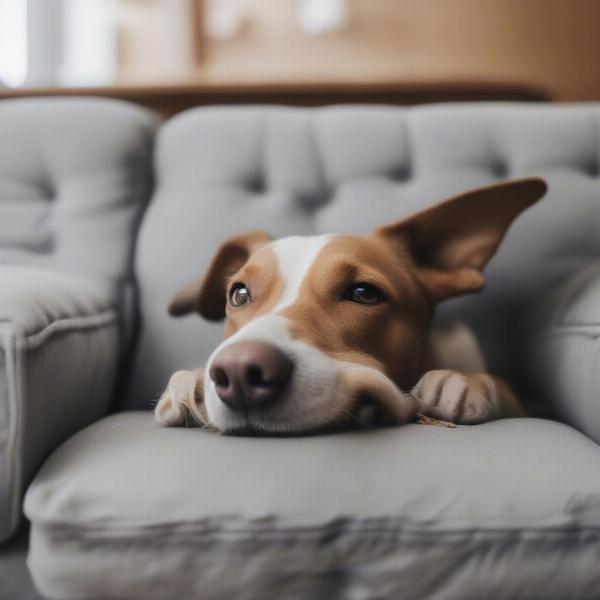 Dog chewing on a couch cushion, likely due to separation anxiety.