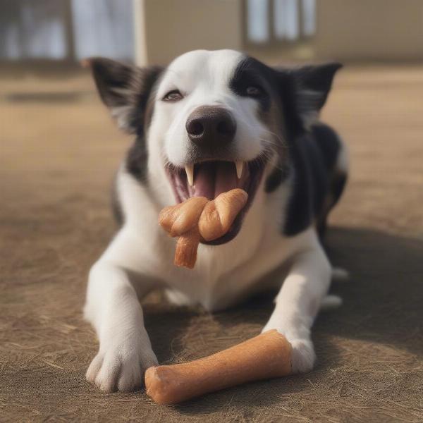 Dog happily chewing on a cow tail