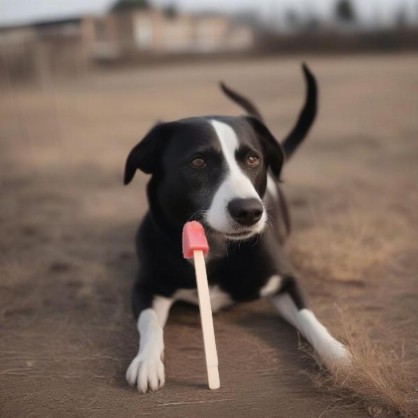 Dog chewing on a popsicle stick