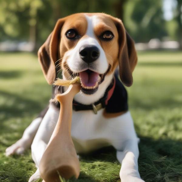 Dog chewing wood happily