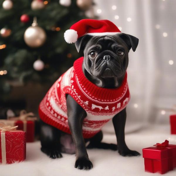 Dog wearing a Christmas sweater and a Santa hat