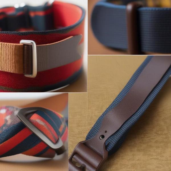 Close-up of different dog collar materials - nylon, leather, and polyester - highlighting their texture and durability.