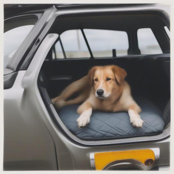 Dog comfortably traveling in car boot