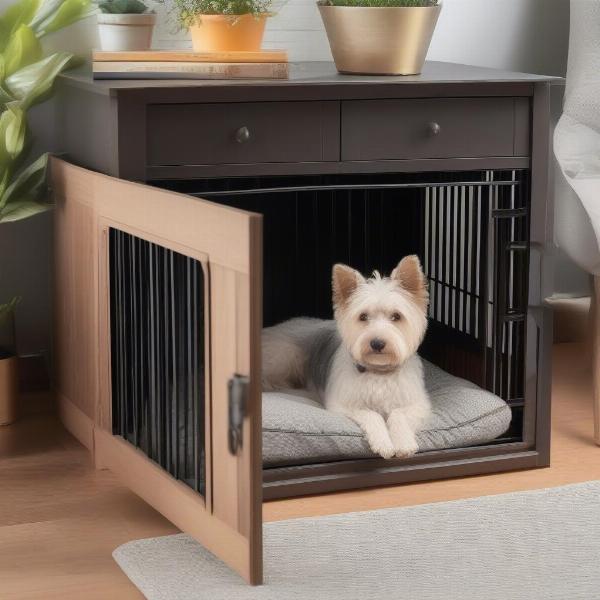 Dog crate with comfortable bed and water bowl