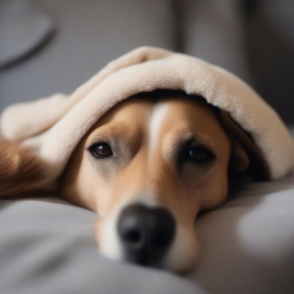 Dog cuddling a hot water bottle