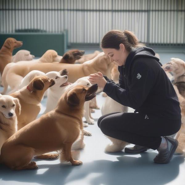 Dog daycare staff interacting with dogs in Stockton