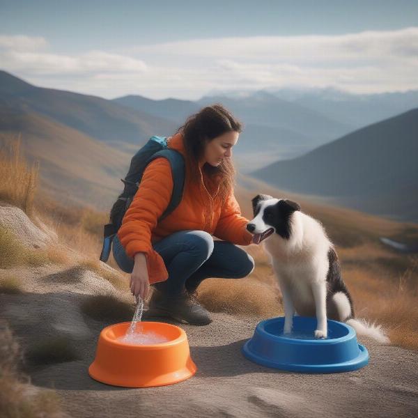 Dog Drinking from Folding Bowl on a Hike