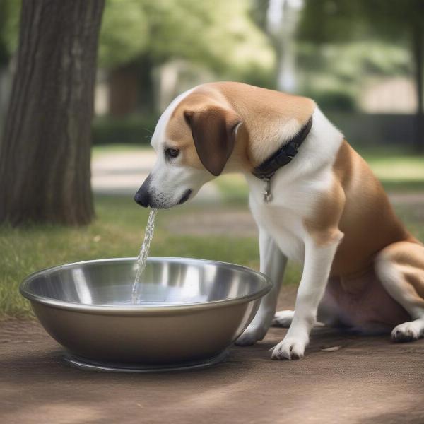 Dog Drinking from Stainless Steel Bowl