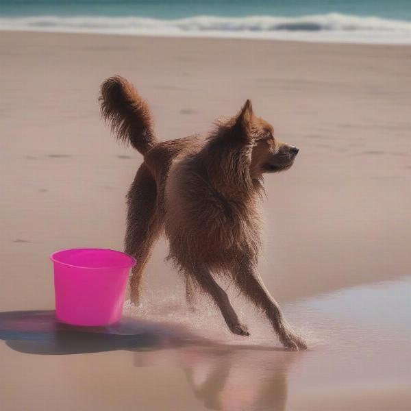 Dog drinking from a water bottle bowl