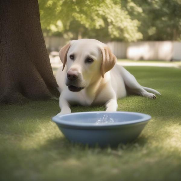 A dog drinking water from a bowl placed in the shade