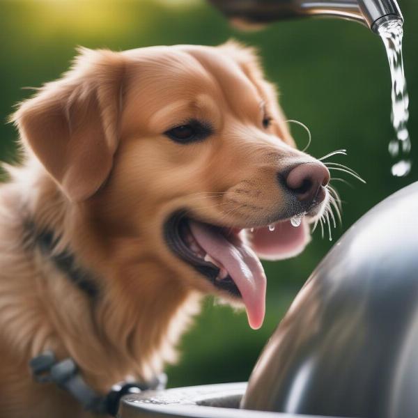 A dog drinking water from a bowl