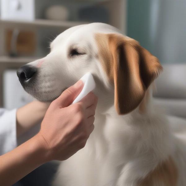 Applying first aid to a bleeding dog's ear