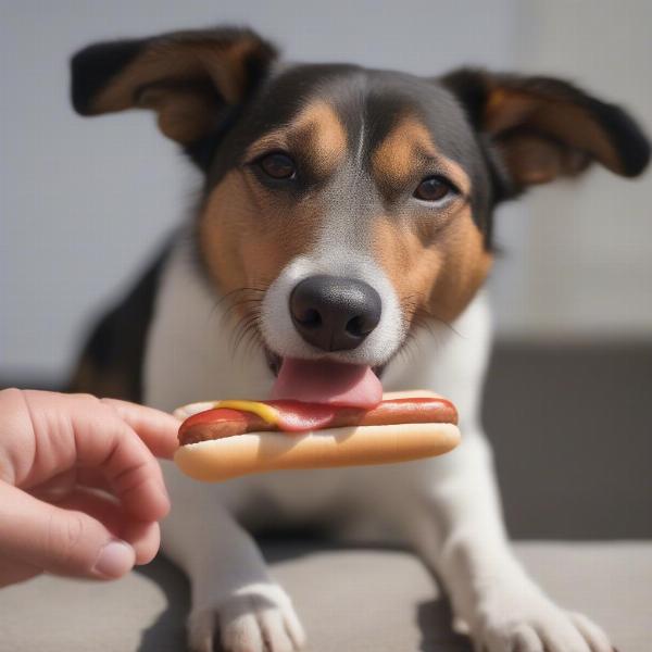 Dog Eating a Small Piece of Hot Dog