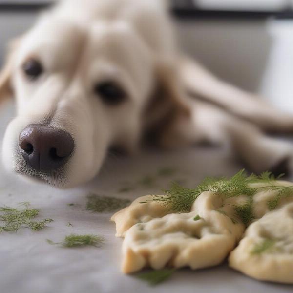 A dog eating a treat containing dill