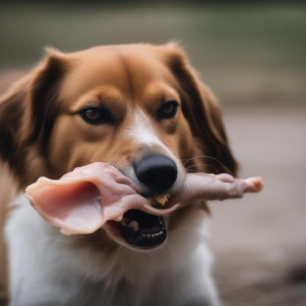 Dog eating a duck head