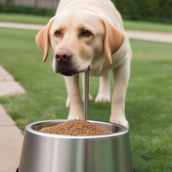 Dog eating from outdoor automatic feeder