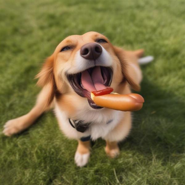 Dog eating low salt hot dog