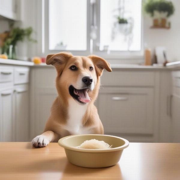 Dog Enjoying Sauerkraut from a Bowl