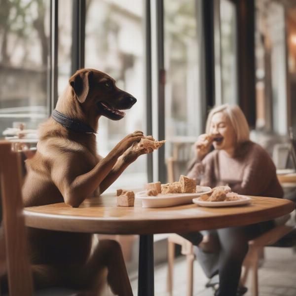 A dog enjoying a treat at a restaurant