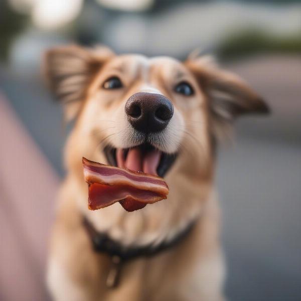 Dog happily enjoying a small piece of cooked bacon