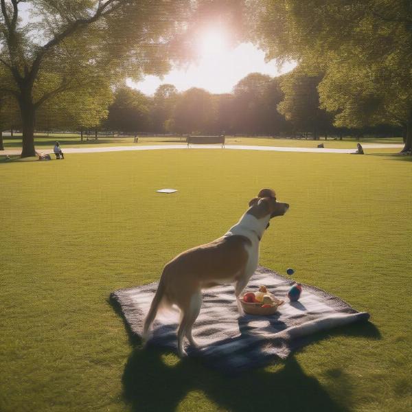 Dog enjoying a picnic with its owner in a park