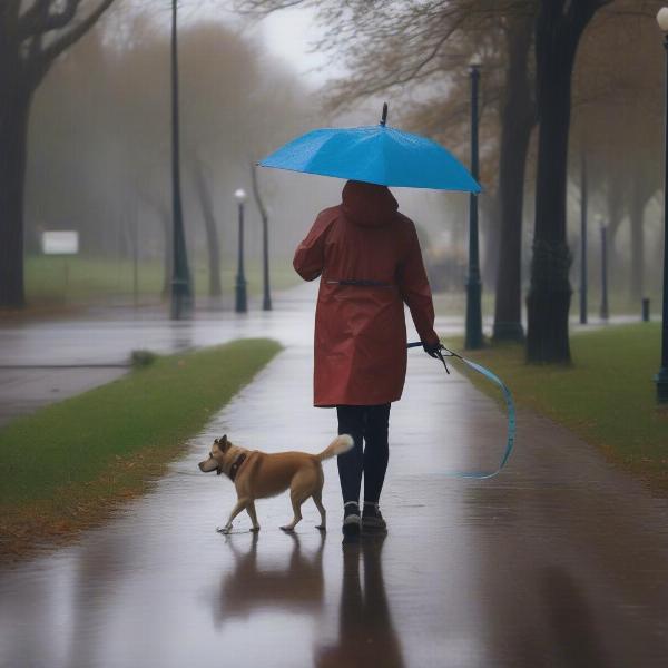 Dog happily walking in the rain with its owner, wearing a raincoat and using a reflective leash.