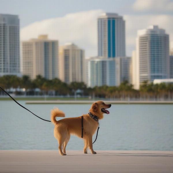 A dog enjoying a walk along the Sarasota Bayfront.